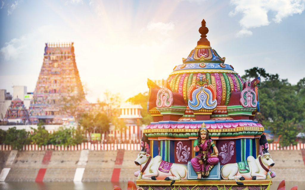 Beautiful view of colorful gopura in the Hindu Kapaleeshwarar Temple, Chennai, Tamil Nadu