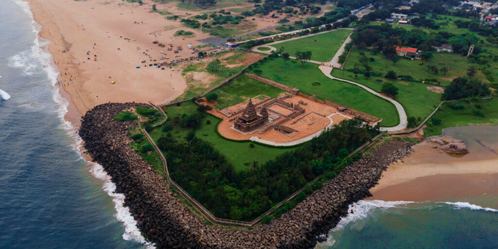 Aerial view of Mahabalipuram Shore Temple in Tamilnadu.