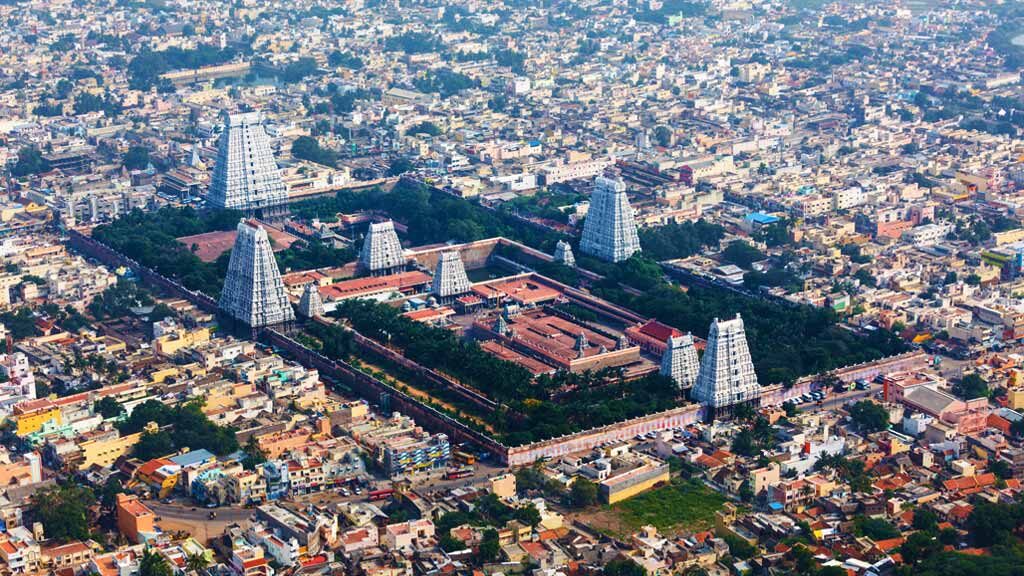 Aerial view of Arulmigu Arunachaleswarar Temple at Tiruvannamalai in the state of Tamil Nadu.
