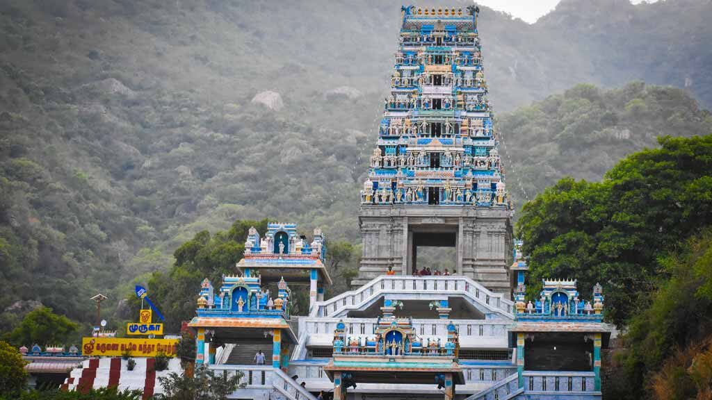 A spectacular view of Maruthamalai Murugan Temple at Coimbatore with the backdrop of lush green mountains.