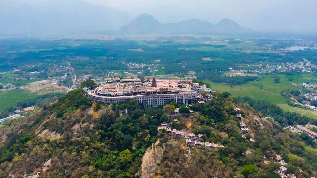 Aerial view shot of Arulmigu Dhandayuthapani Swami Temple in Palani in the state of Tamilnadu.