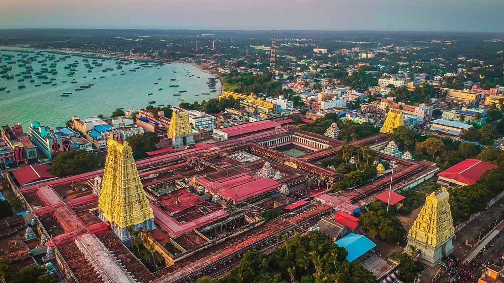 Aerial view of Ramanathaswamy Temple in Rameswaram 