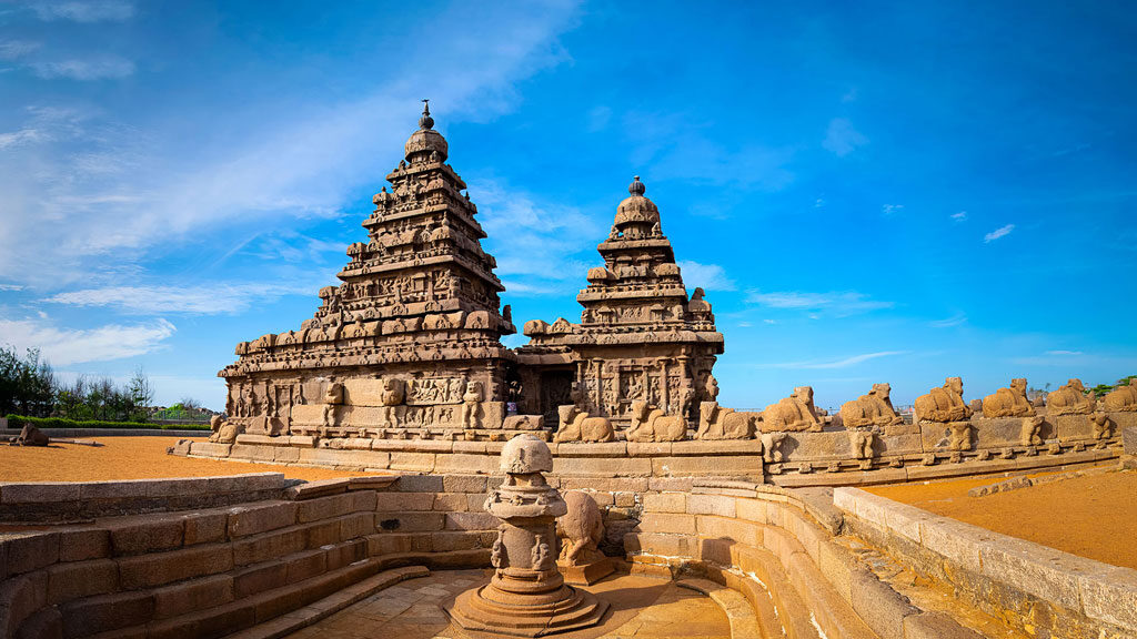 A magnificent view of the Shore temple at Mahabalipuram in the state of Tamil Nadu.