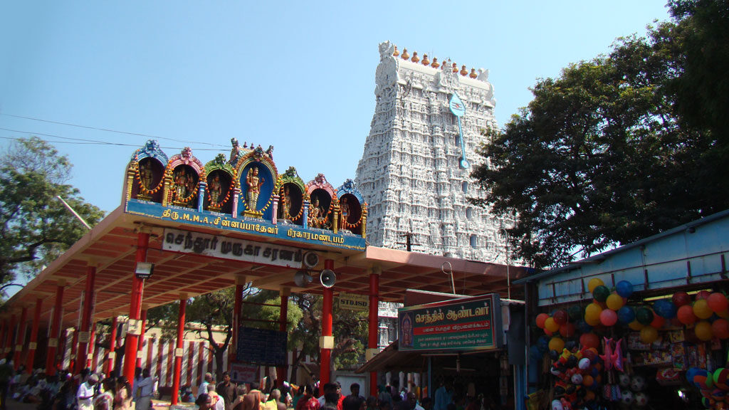 A divine view of Arulmigu Subramaniya Swamy Temple at Tiruchendur in the state of Tamil Nadu.