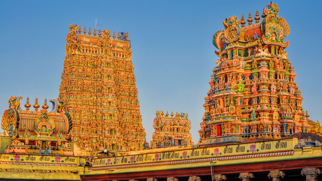 Beautiful colorful towers of Meenakshi Amman Temple in Madurai
