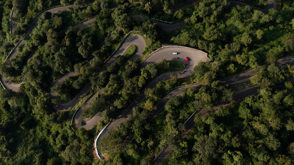 Aerial view of Kolli Hill's dangerous hairpin bend roads.